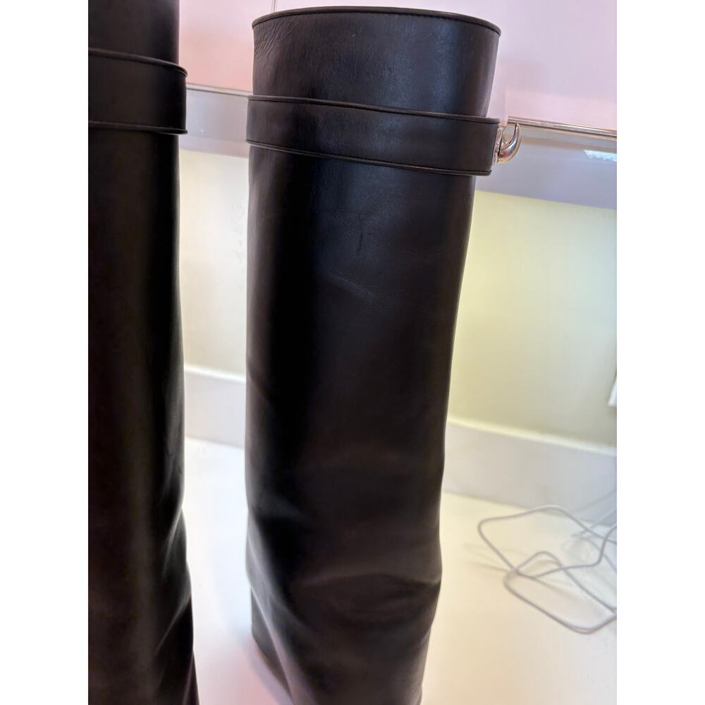 Givenchy Black Leather Knee-High Wedge Boots with Buckle Detail - Picture 9 of 16
